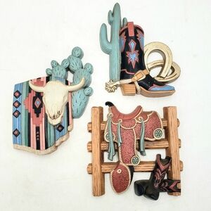 Vtg Burwood 3 Piece Western Wall Decor Resin Saddle Boots Longhorn 1995 USA